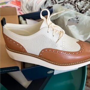 Cole Haan White and Brown Perforated Wingtip Loafers